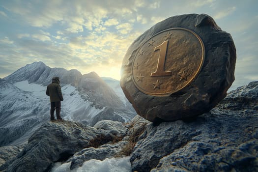 Businessman at the mountainside next to a stone with a gold coin. Cryptocurrency crisis.