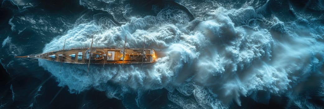 A boat peacefully sails in the middle of a large body of water, surrounded by nothing but open space.