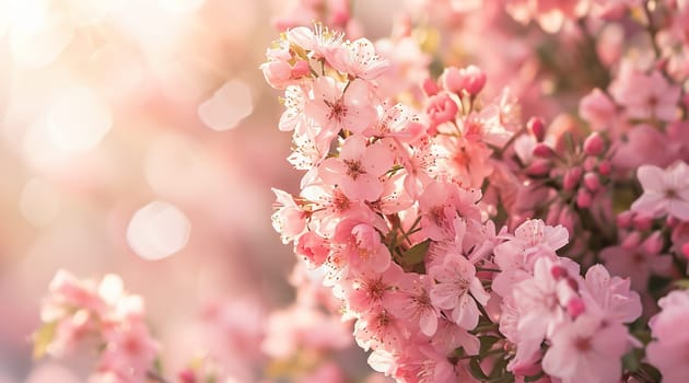 Blooming pink cherry blossoms bathed in soft sunlight. High quality photo