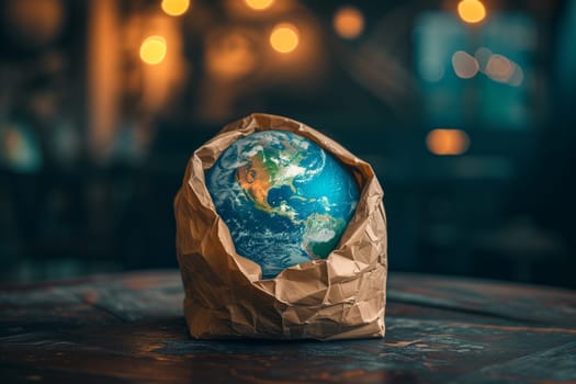 Planet Earth in a paper bag stands on the table. Ecological concept.
