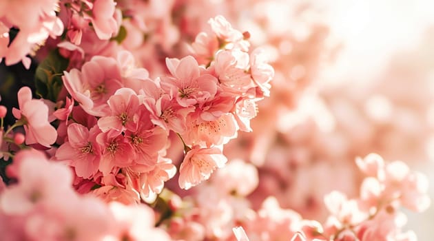 Beautiful blooming pink cherry blossoms with soft focus and warm sunlight. High quality photo