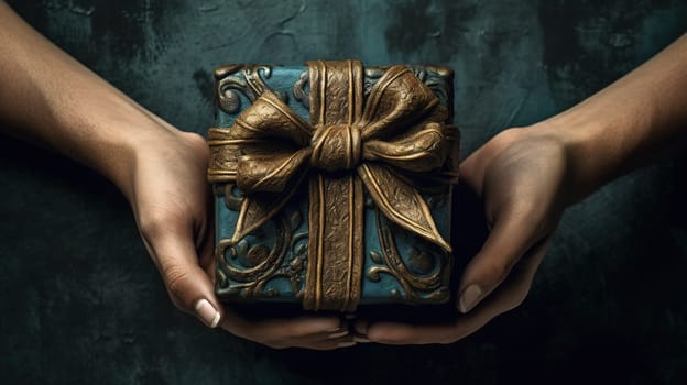 Handcrafted gift box in hands. Offering of the beautiful handmade giftbox. Generated AI