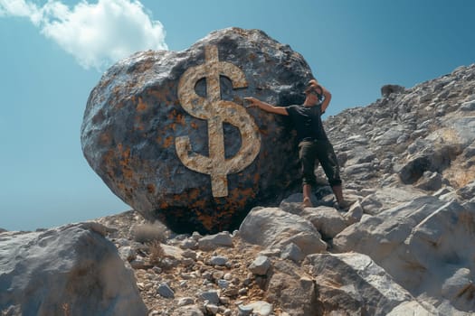 A man on a mountainside next to a stone with a dollar symbol. Cryptocurrency crisis.