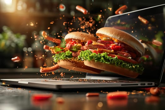Hamburgers fly out of the laptop screen. Online food ordering.