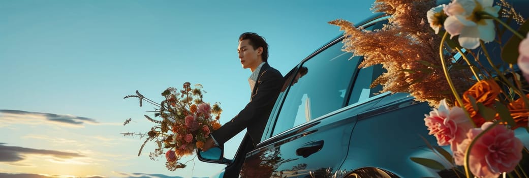 A man stands beside a blue car, holding a bouquet of flowers in his hand.