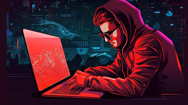 Man sitting with laptop in the secret laboratory. Hacker sending the virus. Generated AI