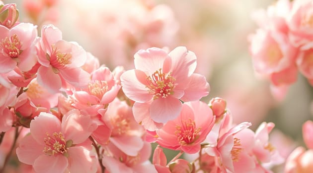 Pink cherry blossoms in full bloom, bathed in soft sunlight. High quality photo