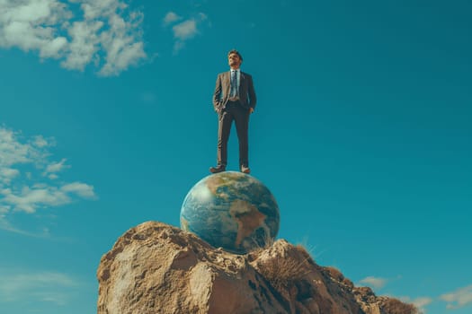 A businessman stands on a globe on top of a mountain. Business concept.