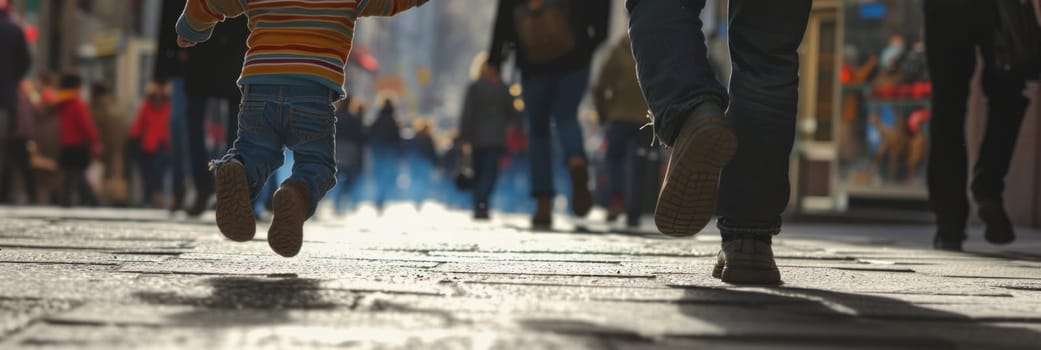 A diverse group of individuals walking closely next to each other along a busy urban street with buildings in the background.