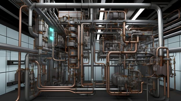 Industrial plant background with shiny pipes. Generated AI