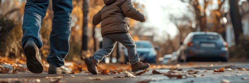 A man and a child walking together down a city street.