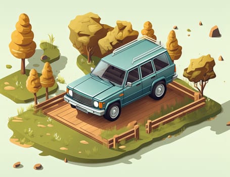 Isometric retro car travelling with elements of environment. Generated AI