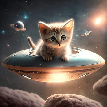 Cute fluffy kitten driving UFO in space. Funny cat rides sci-fi spacecraft or alien spaceship. Generated AI