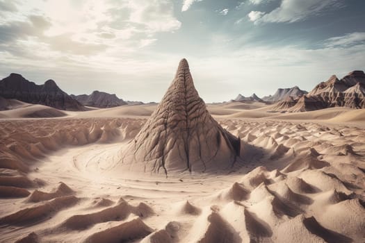 Surreal rock vortex formation. Fictional coiled stones in the desert mountains. Generated AI