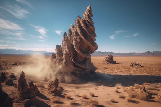 Surreal rock vortex formation. Fictional coiled stones in the desert mountains. Generated AI