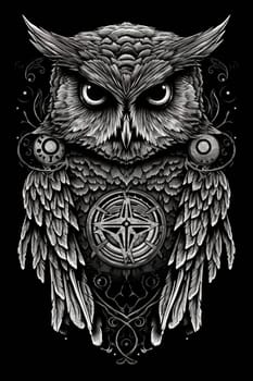 Wild owl with mystic design elements. Occult wise bird black and white symbol in vintage style. Generated AI.