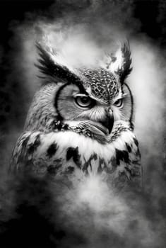 Wild owl in the forest. Black and white style, wildlife element. Generated AI