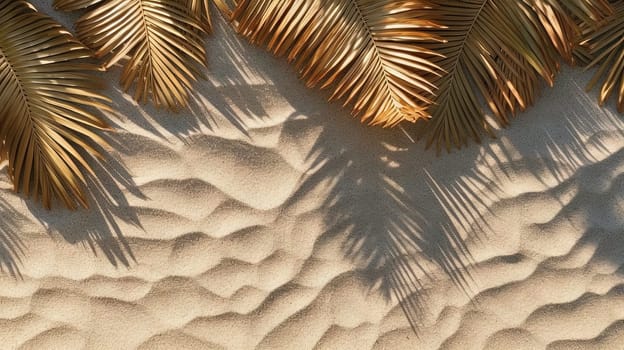 Plam leaves on the tropical beach sand background. Vacation and relaxation concept with dry palm leaves on the hot summer beach. Generated AI