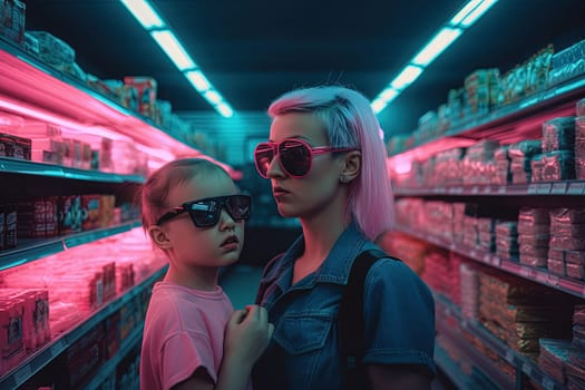 Family of mother and daughter looking cool in 80s styled synthwave store. People in supermarket. Generated AI