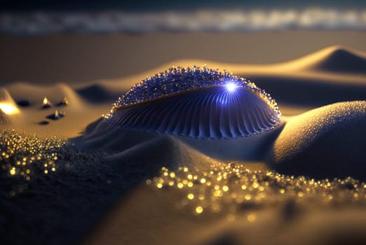 Abstract fantasy shell on the beach. Surreal seashell on the alien planet landscape. Generated AI