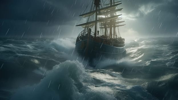 Ship in the stormy sea with huge waves. Giant stormy waves in the ocean and boat. Generated AI