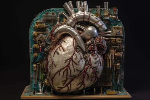 Technological heart concept for healthcare or digital motor idea. Generated AI