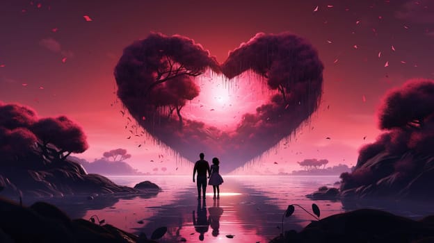 Valentine Day card with loving couple looking at the beautiful heart symbol on the romantic and magic surreal landscape. Generated AI