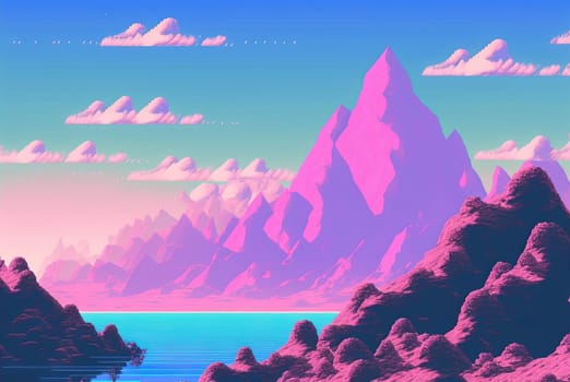 Calm and relaxing landscape with mountains in vaporwave style. Pink and blue view in 90s style. Generated AI