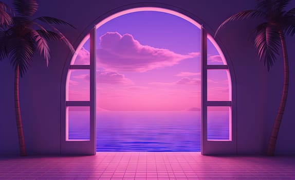 Open window with tropical landscape and ocean in vaporwave style. Purple sundown in 90s style room, vacation calmness frame. Generated AI