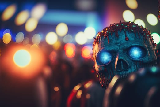 Techno zombie woth neon lights and shiny eyes. Cyberpunk horror party concept. Generated AI