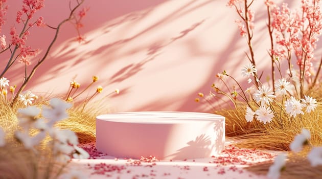 A serene scene with a cylindrical podium amid dried flowers and soft pink hues. High quality photo