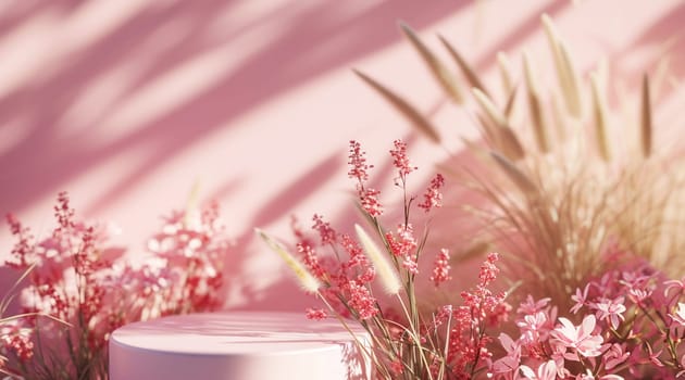 A serene scene with a cylindrical podium amid dried flowers and soft pink hues. High quality photo