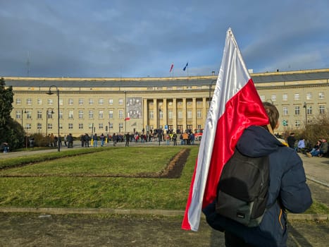 Wroclaw, Poland, February 15, 2024: Protesting farmers with flags in front of the provincial office in Wroclaw