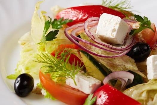 Traditional Greek salad, close-up view. Mediterranean cuisine
