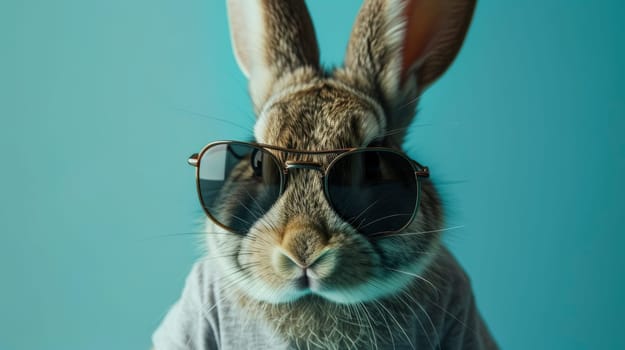 A stylish rabbit wearing sunglasses and a blue shirt against a blue background, embodying chill and fashion.