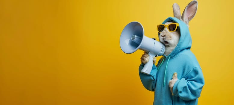 A stylized rabbit in a blue hoodie and sunglasses holds a megaphone