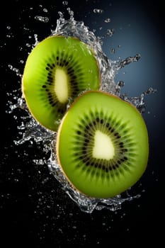 Vibrant kiwi fruit slices suspended with a splash of water against a dark background, capturing a fresh and dynamic moment.