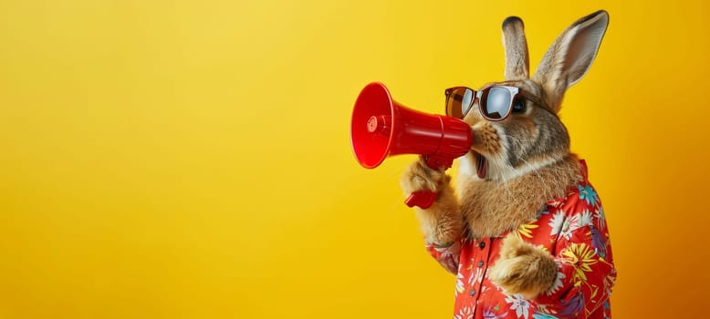 A rabbit dressed in a tropical shirt with sunglasses, using a red megaphone against a yellow background.