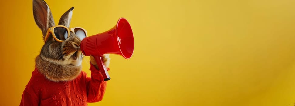 A humorous image of a rabbit in a red sweater and sunglasses holding a megaphone against a bright yellow background.