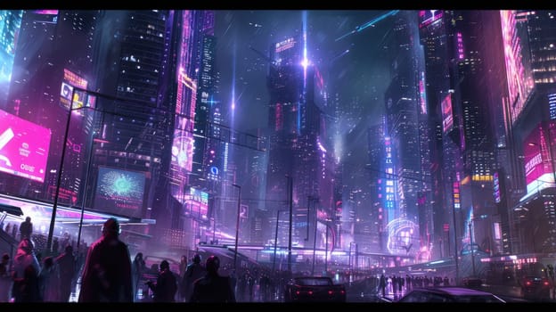 Futuristic city glows with soft hues, complemented by the sleek design of hovering vehicles above the vibrant skyline. Resplendent.