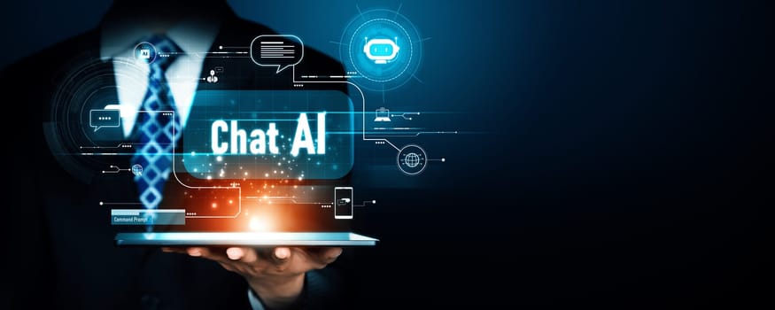 Human interact with AI artificial intelligence virtual assistant chatbot in concept of AI artificial intelligence prompt engineering, LLM AI deep learning to use generative AI for work support. NLP