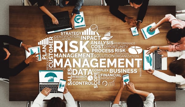 Risk Management and Assessment for Business Investment Concept. Modern interface showing symbols of strategy in risky plan analysis to control unpredictable loss and build financial safety. uds
