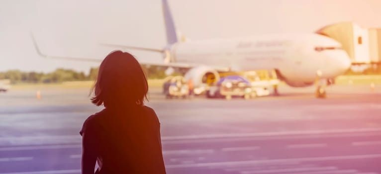 A young girl at the airport is boarding a plane at sunset, a woman goes on a journey.