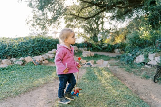 Little girl with a colorful toy stands on a path in the park and looks away. High quality photo