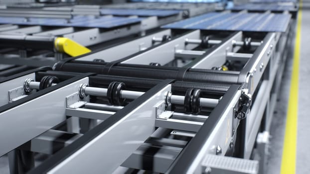 Focus on automated conveyor belt in factory used for distributing solar panels. Close up of production lines in sustainable energy based facility used for producing PV cells, 3D illustration