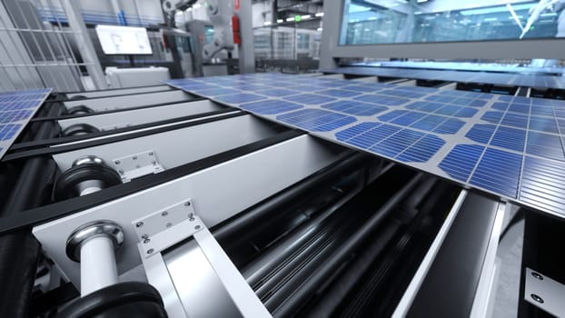 Machinery in cutting edge solar panel warehouse handling photovoltaic modules on large assembly lines. Close up shot of sustainable company manufactured solar cells in facility, 3D illustration