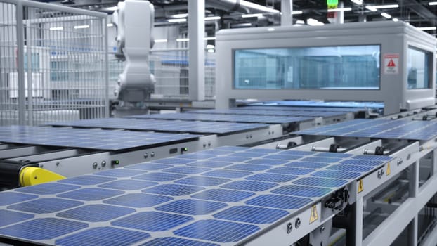 Solar panel factory with industrial robot arms placing PV modules on conveyor belts, 3D illustration of industrial building interior. Mass production warehouse producing renewable energy solar cells