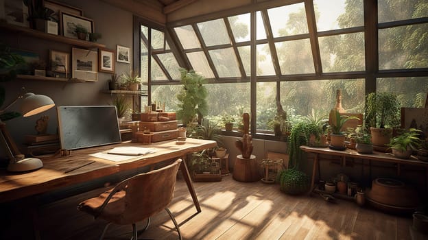 home office with plant, desk and large windows - AI generative