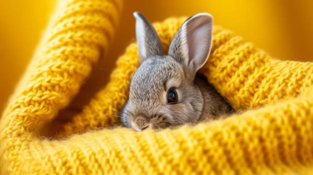 Cute Fluffy Easter Bunny in Yellow Blanket. Funny Rabbit Portrait.