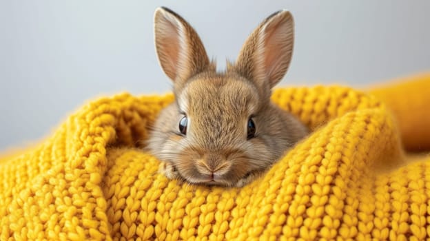 Cute Fluffy Easter Bunny in Yellow Blanket. Funny Rabbit Portrait.